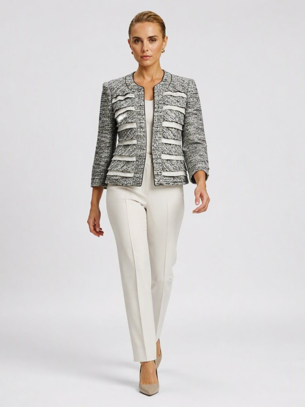 White House Black Market WHBM Gray Gold Metallic Tweed Jacket Size 4